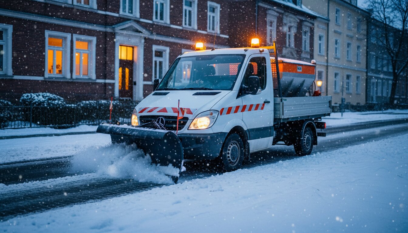 Professioneller Winterdienst banwi – Schneeräumfahrzeug bei Nacht